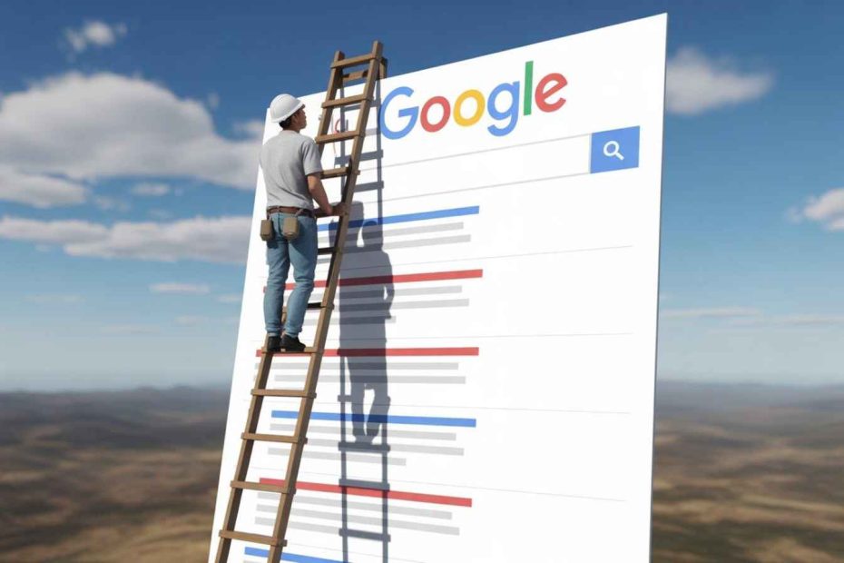 Contractor climbing a ladder on Google search results, symbolizing HVAC SEO rankings.