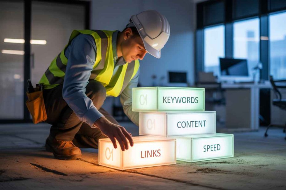 Digital construction blocks labeled with core SEO elements symbolizing building a strong SEO foundation.
