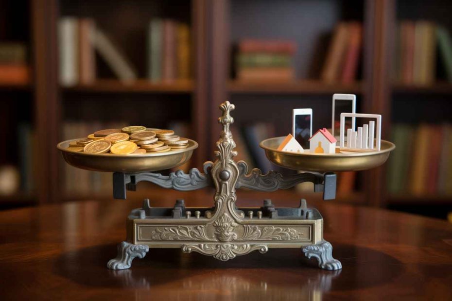 Metal scale balancing coins against digital house and lead icons representing SEO investment returns.