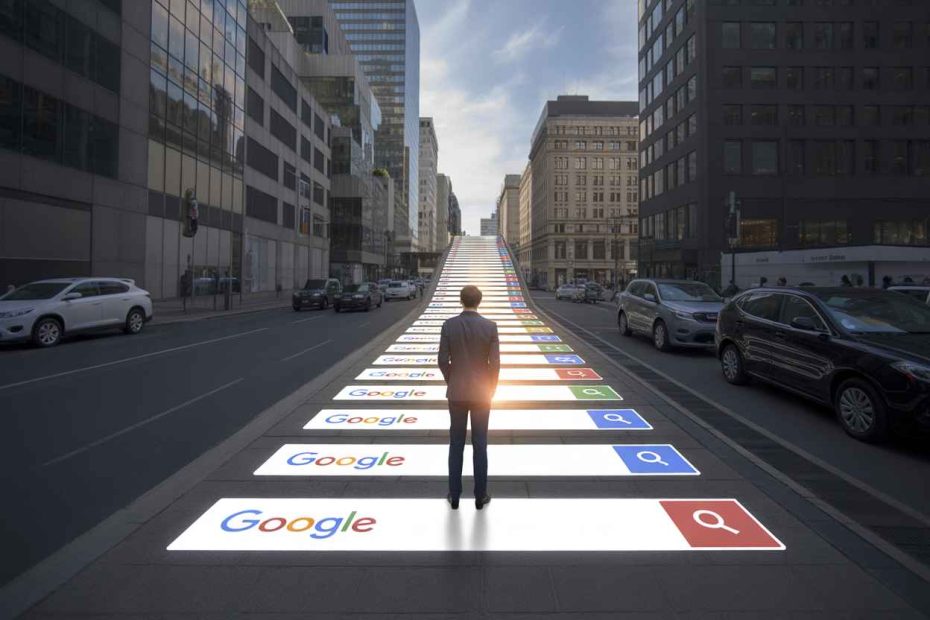 Business owner climbing digital search results stairs representing HVAC SEO growth.