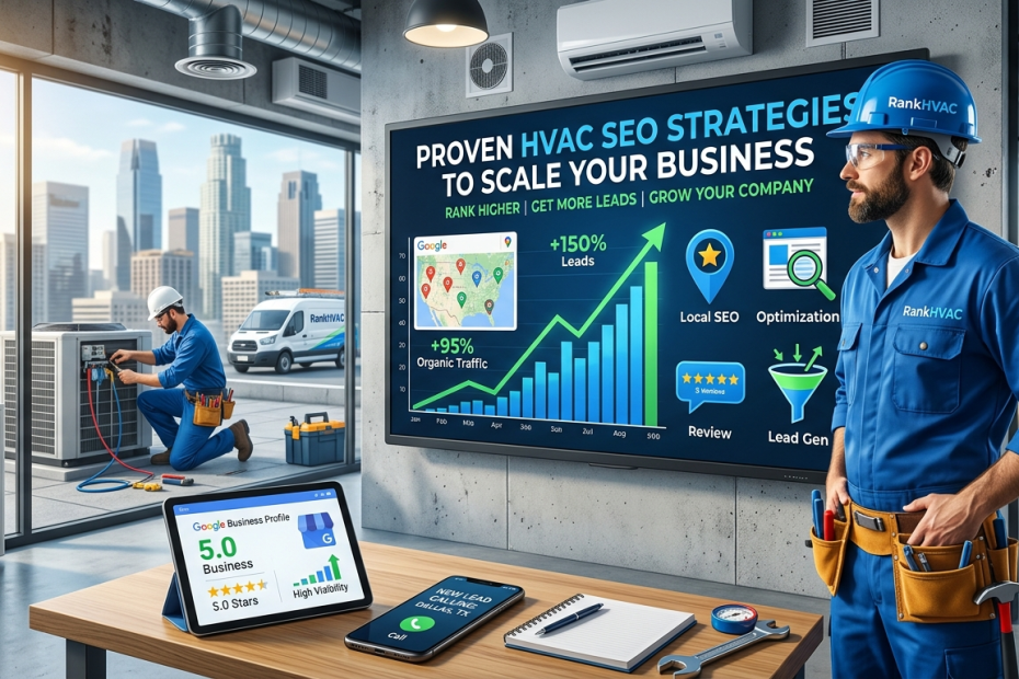 A professional HVAC technician standing next to a digital dashboard showing SEO growth charts and "Proven HVAC SEO Strategies" with a city skyline background.
